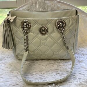 Metrocity Italy Light Blue Quilted Leather Silver Chain Shoulder Bag Tote